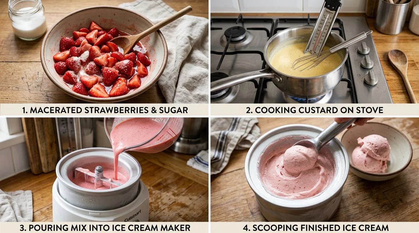 Step by step process of making Homemade Strawberry Ice Cream