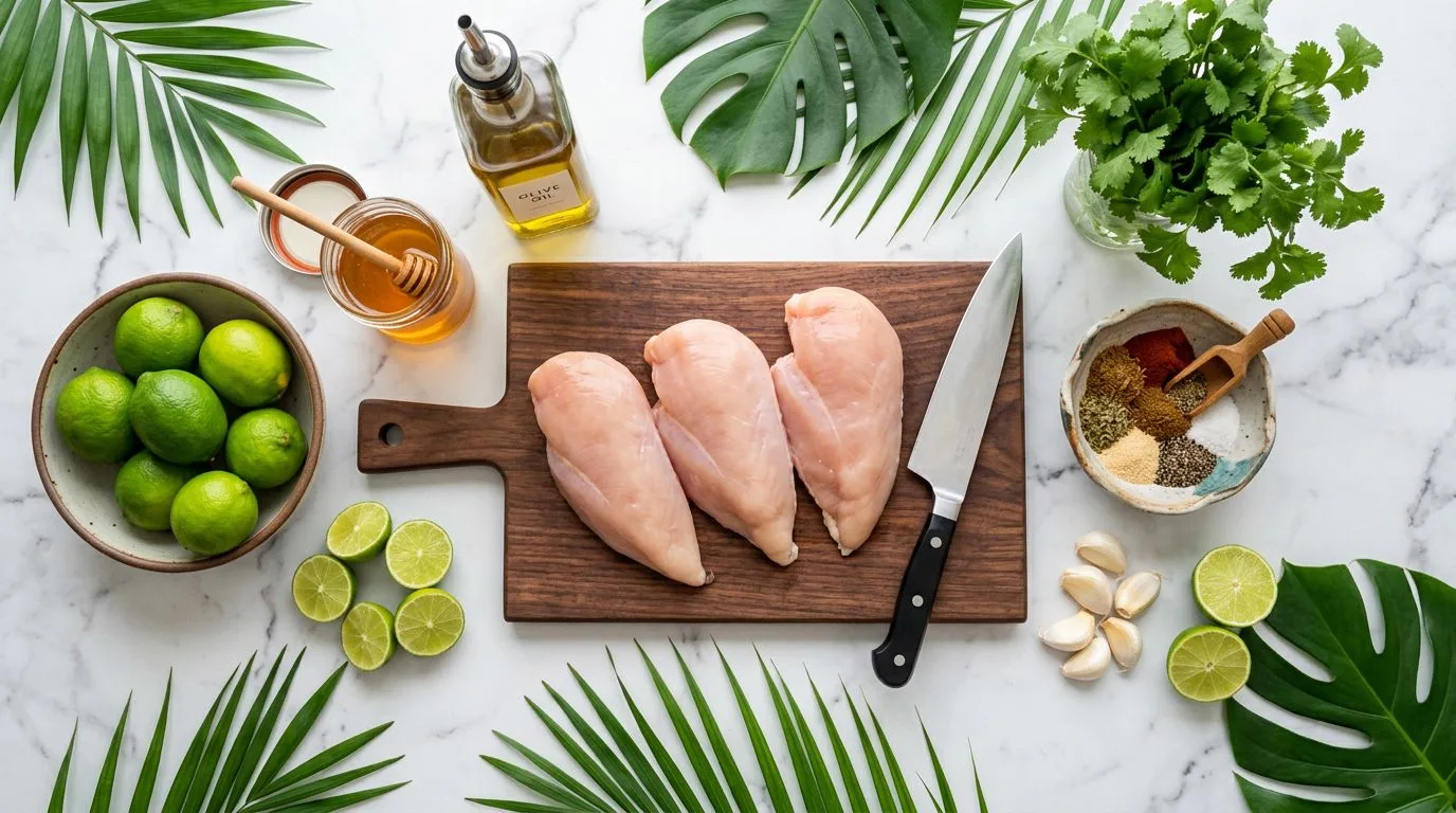 All Key West Grilled Chicken ingredients laid out on white marble surface