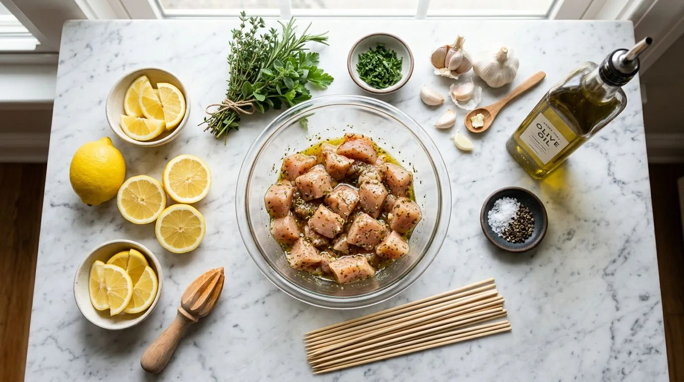 All Lemon Garlic Butter Chicken Spiedini ingredients laid out on white marble surface