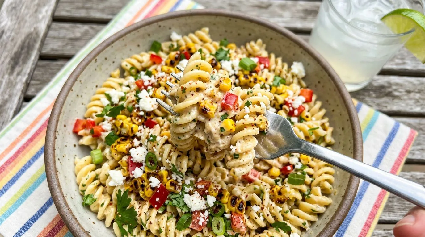 Loaded Street Corn Pasta Salad served and ready to eat