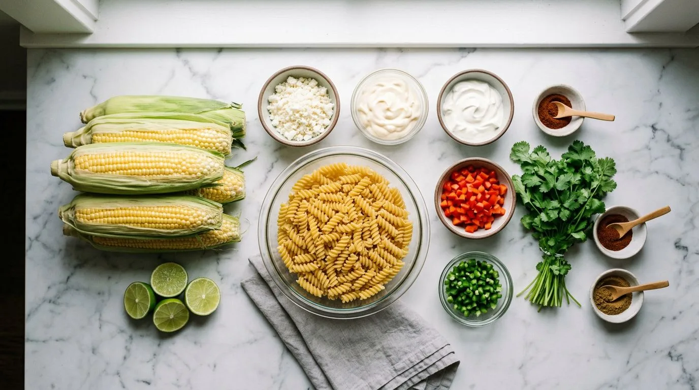 All Loaded Street Corn Pasta Salad ingredients laid out on white marble surface