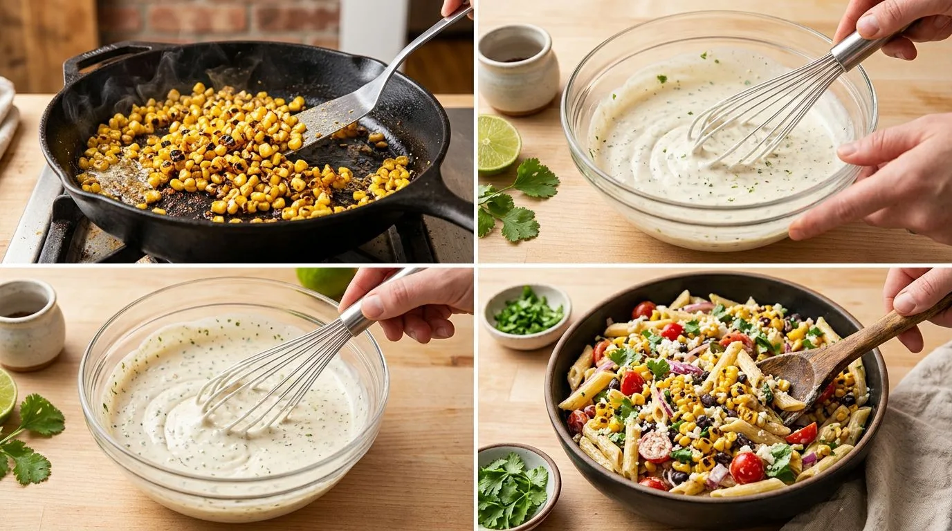 Step by step process of making Loaded Street Corn Pasta Salad