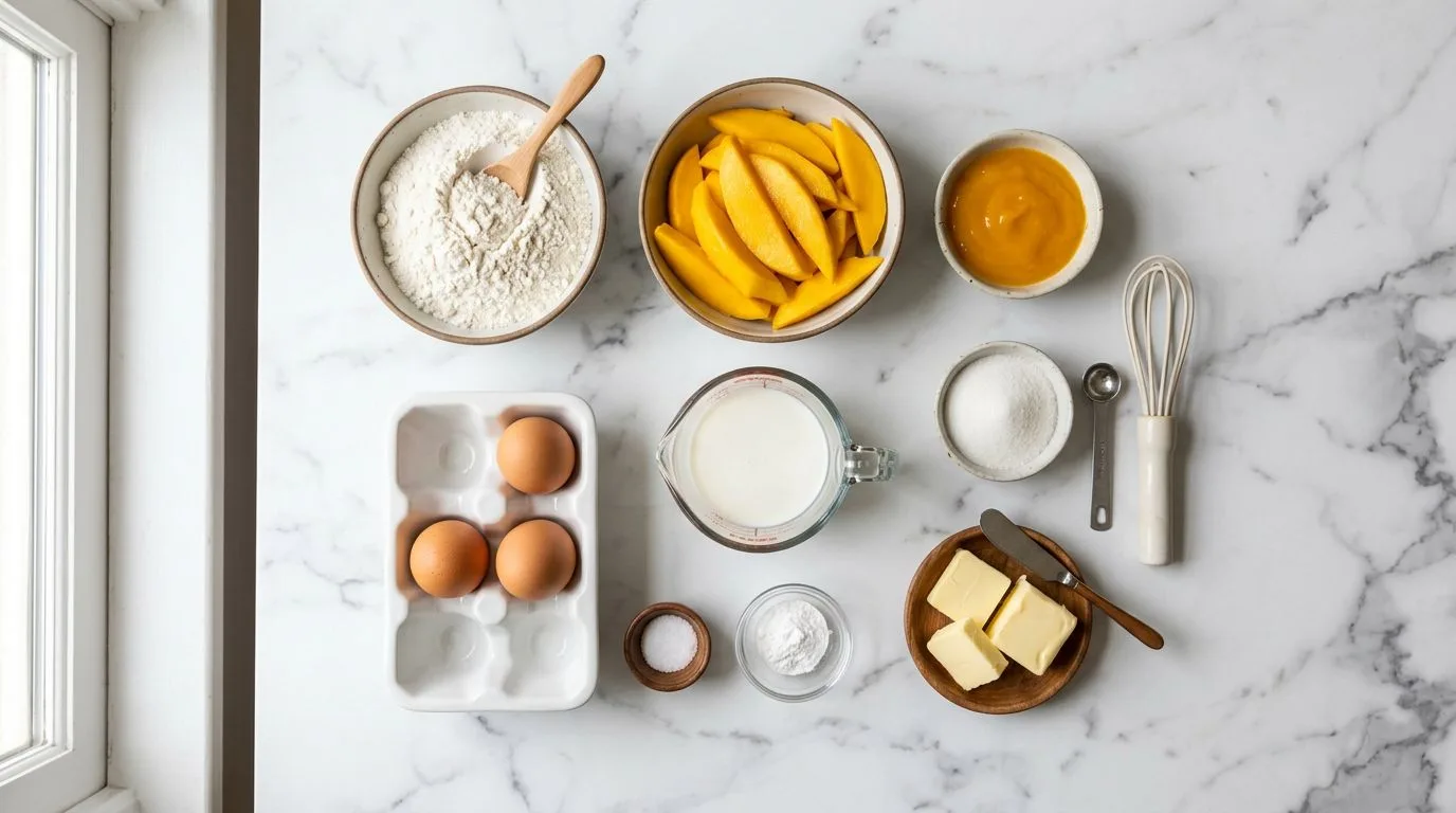All Mango Pancakes ingredients laid out on white marble surface