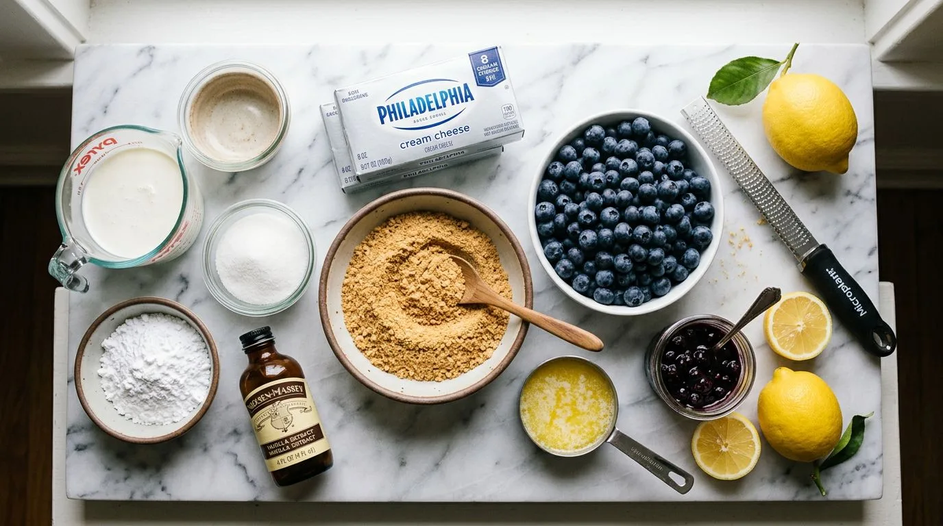 All No Bake Blueberry Cheesecake ingredients laid out on white marble surface