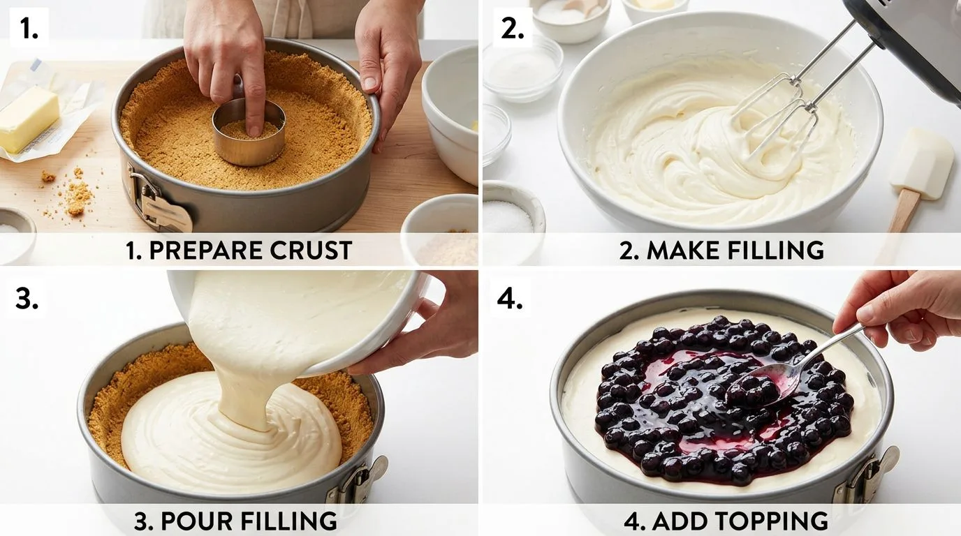 Step by step process of making No Bake Blueberry Cheesecake