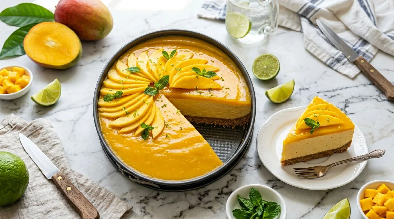 No-Bake Mango Cheesecake served and ready to eat