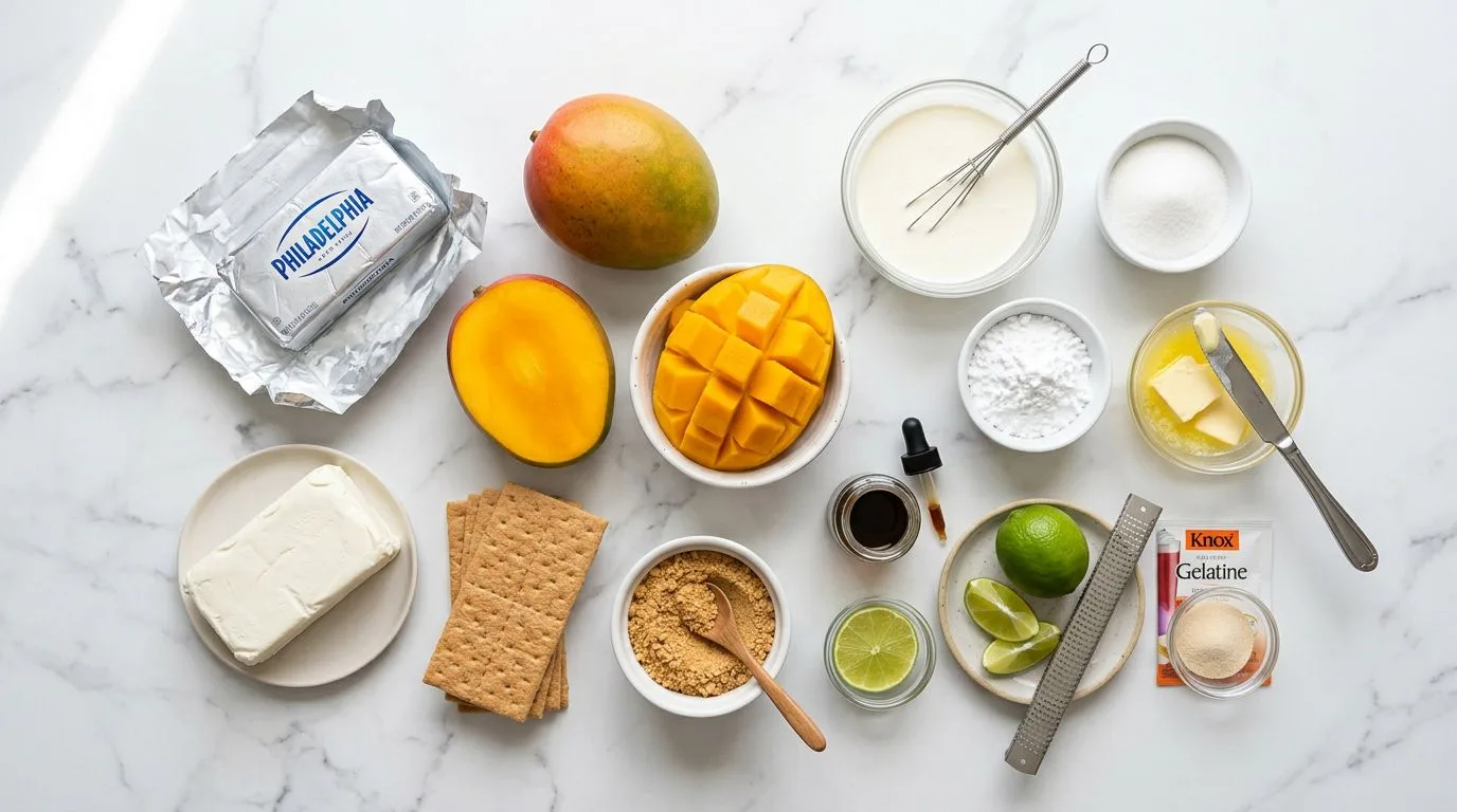 All No-Bake Mango Cheesecake ingredients laid out on white marble surface