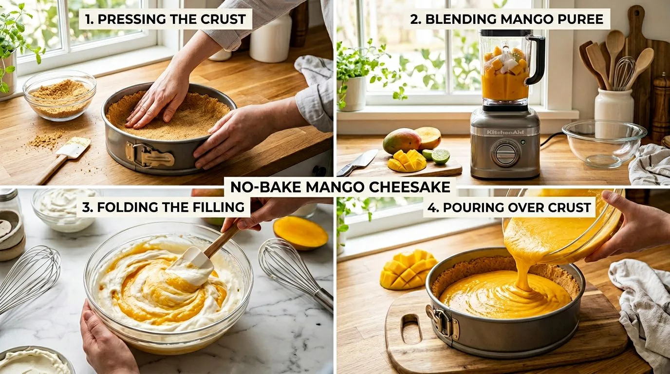 Step by step process of making No-Bake Mango Cheesecake