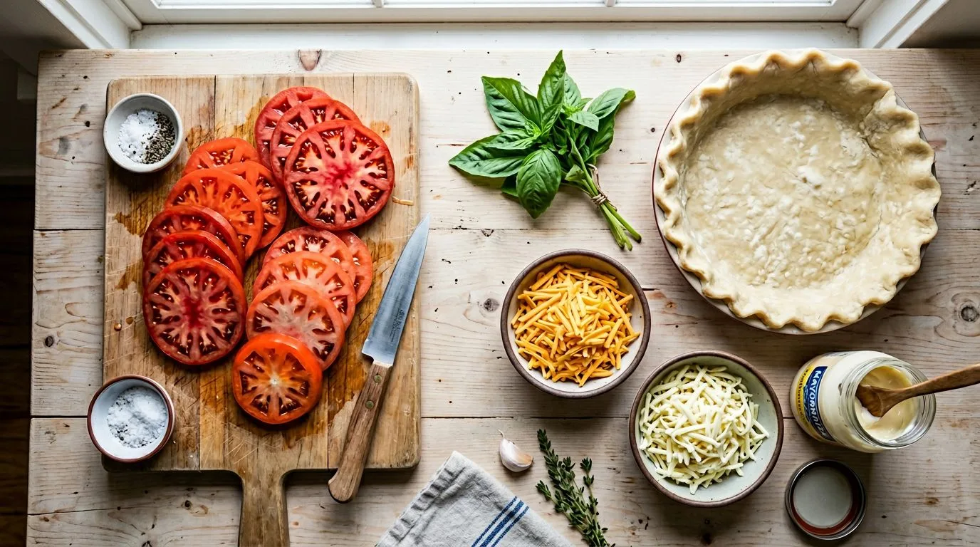 All Old Fashioned Tomato Pie Recipe ingredients laid out on white marble surface