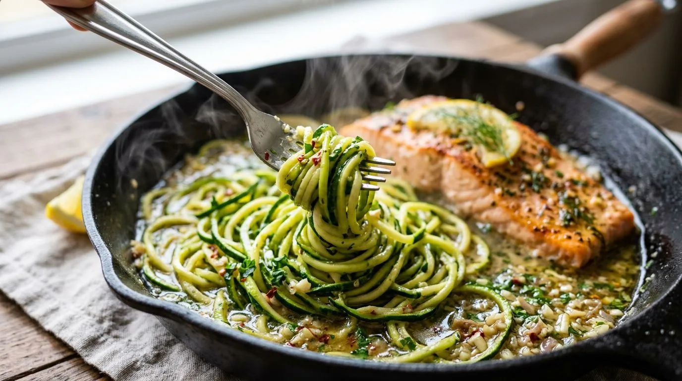 One Pan Lemon Garlic Butter Salmon and Zucchini Noodles served and ready to eat