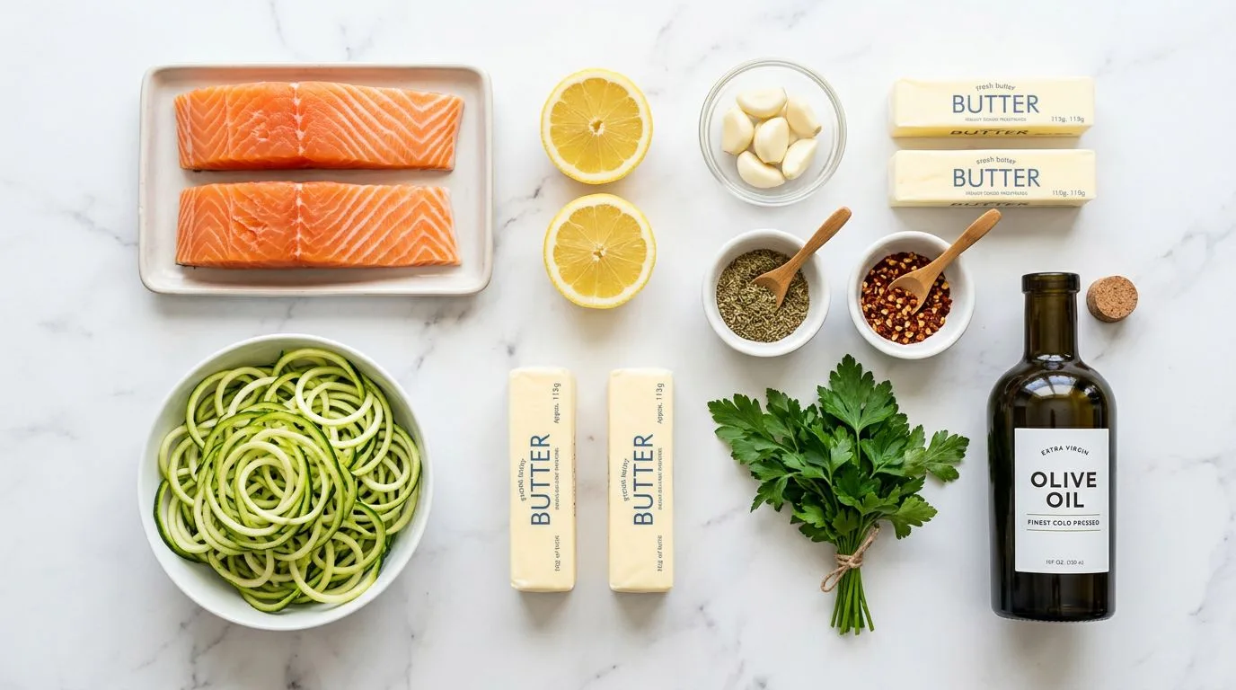 All One Pan Lemon Garlic Butter Salmon and Zucchini Noodles ingredients laid out on white marble surface