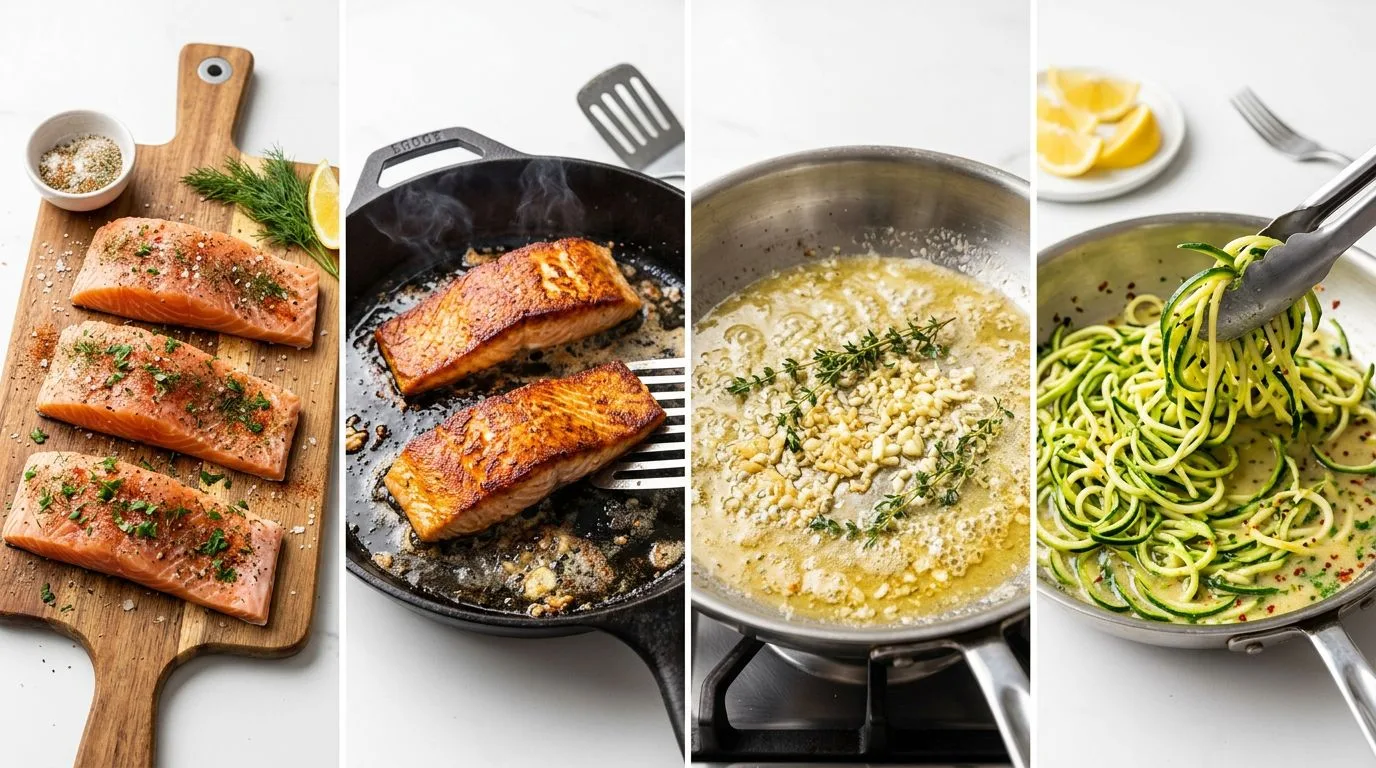 Step by step process of making One Pan Lemon Garlic Butter Salmon and Zucchini Noodles