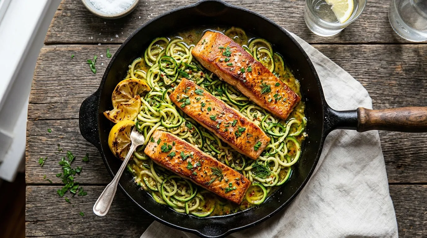 One Pan Lemon Garlic Butter Salmon and Zucchini Noodles - featured image