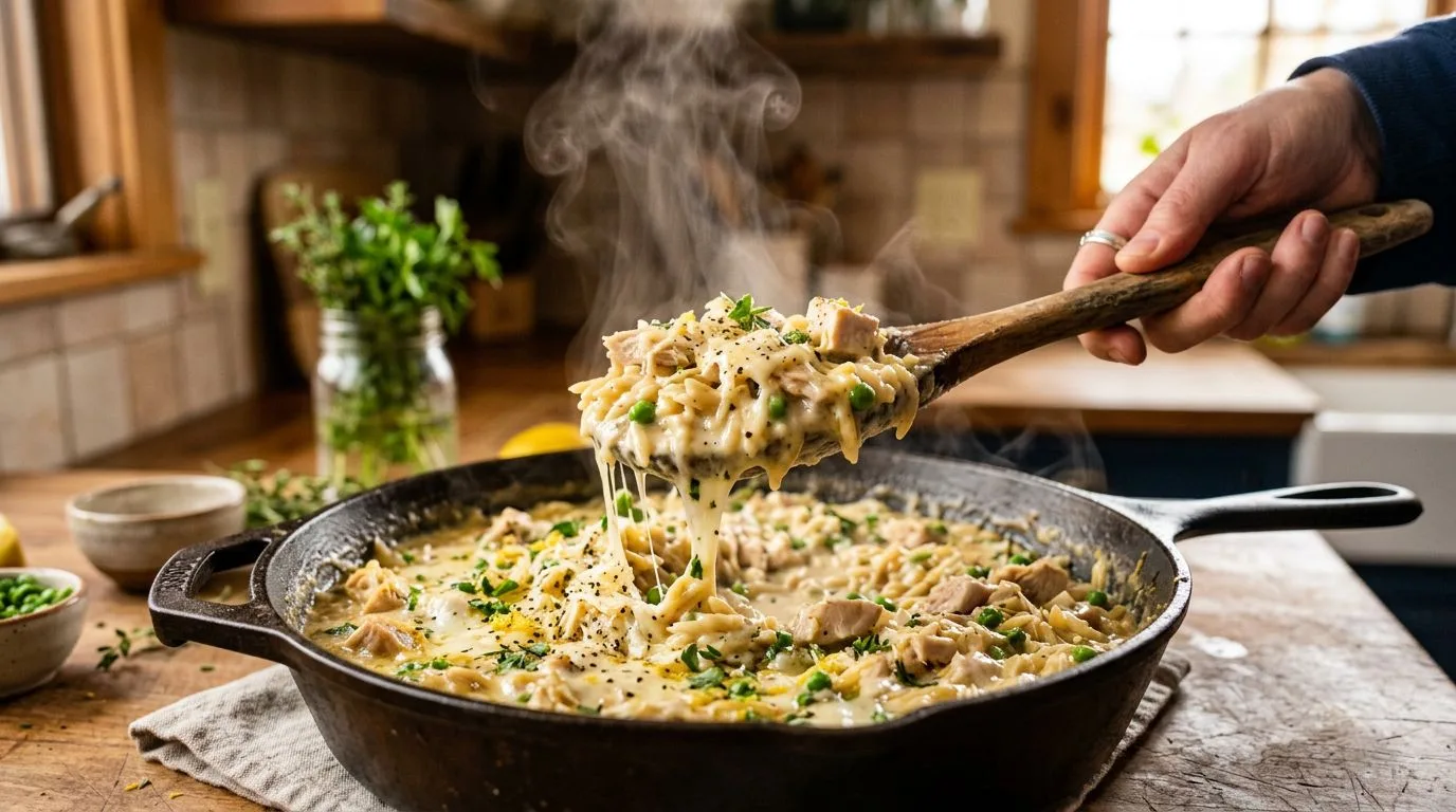 One-Pot Creamy Lemon Chicken Orzo served and ready to eat