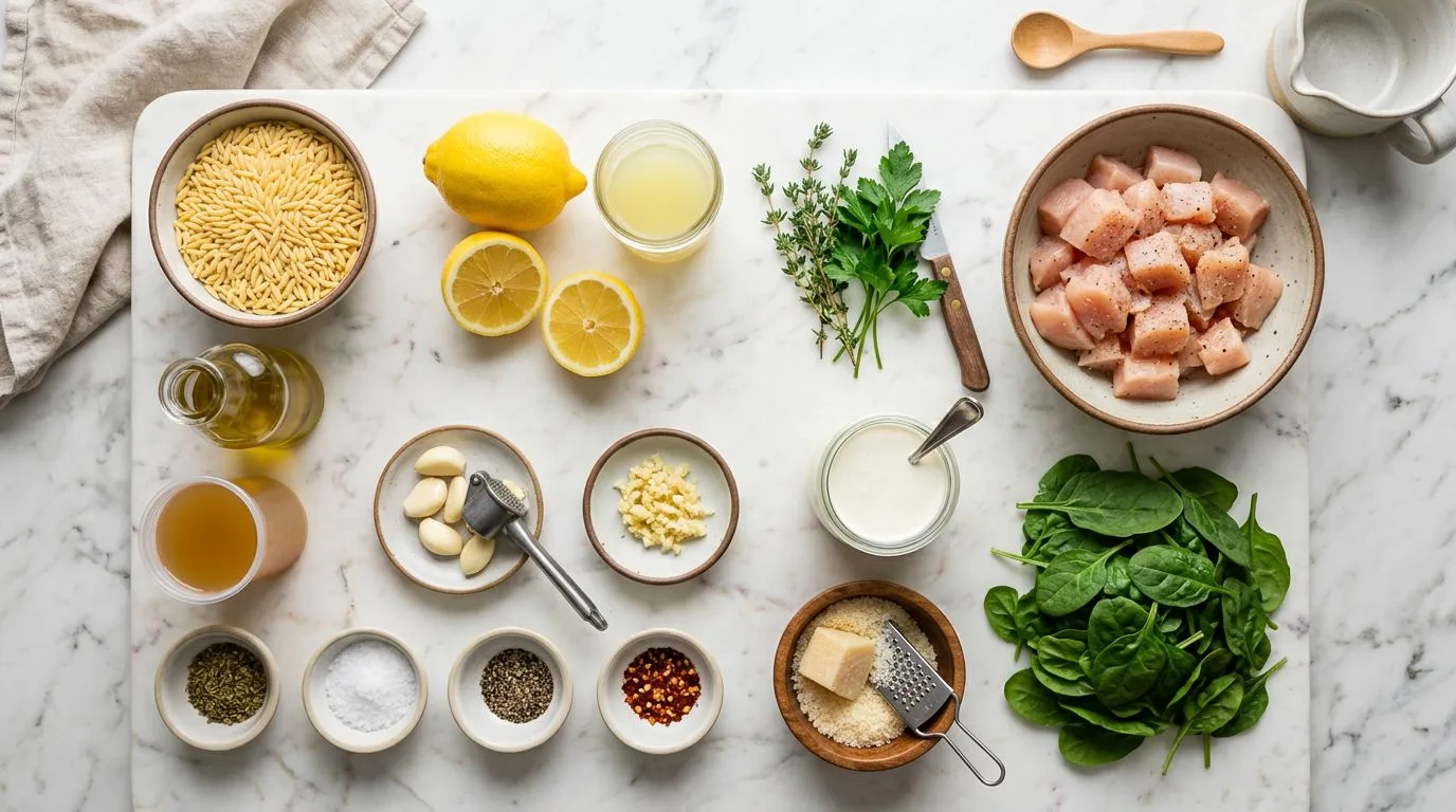 All One-Pot Creamy Lemon Chicken Orzo ingredients laid out on white marble surface