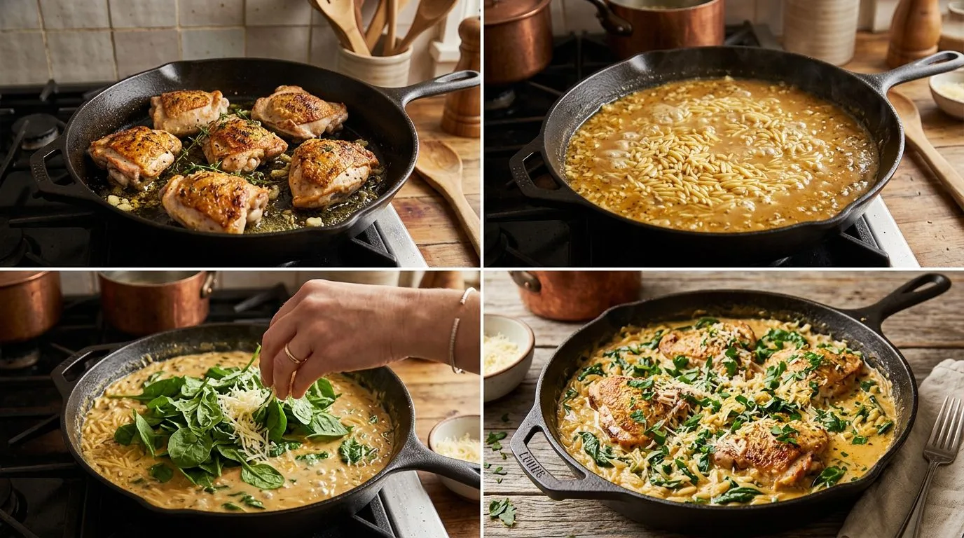Step by step process of making One-Pot Creamy Lemon Chicken Orzo