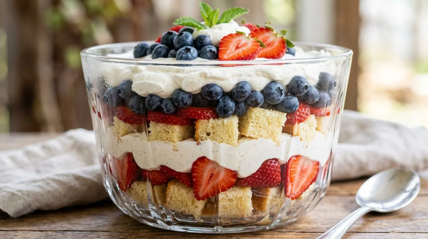 Red, White, and Blue Berry Trifle served and ready to eat
