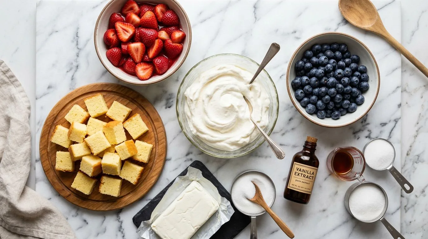 All Red, White, and Blue Berry Trifle ingredients laid out on white marble surface