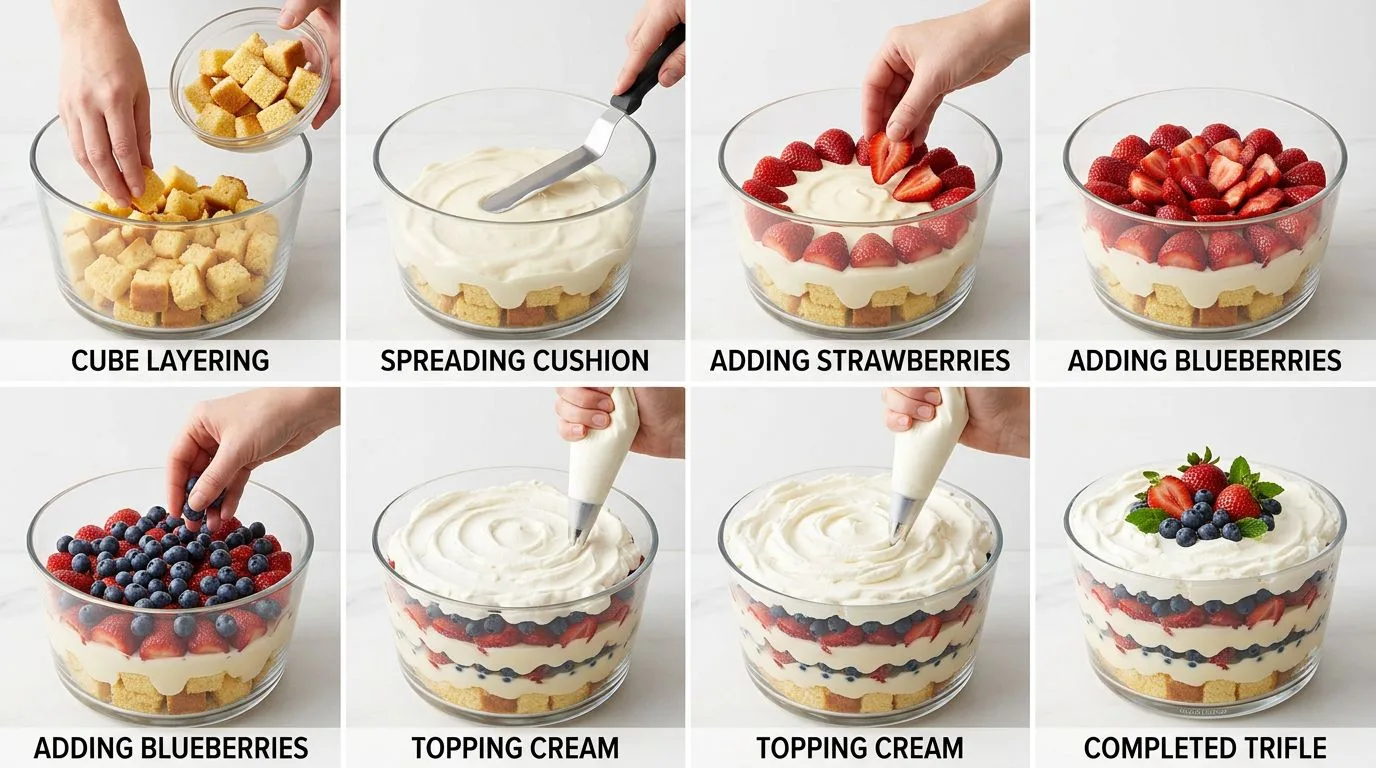 Step by step process of making Red, White, and Blue Berry Trifle