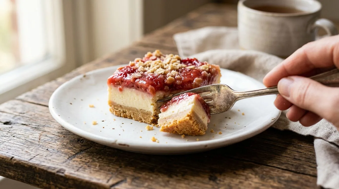 Rhubarb Bars with Cream Cheese served and ready to eat