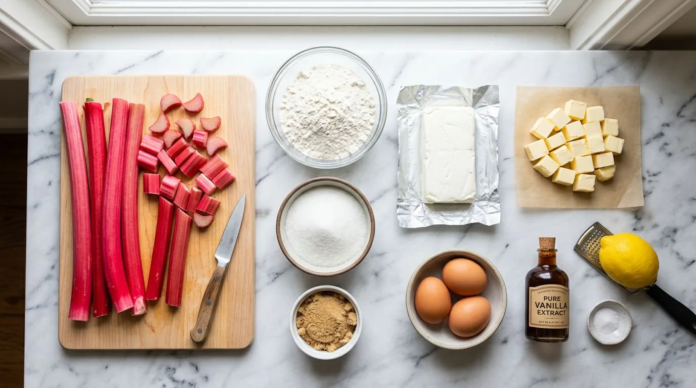 All Rhubarb Bars with Cream Cheese ingredients laid out on white marble surface