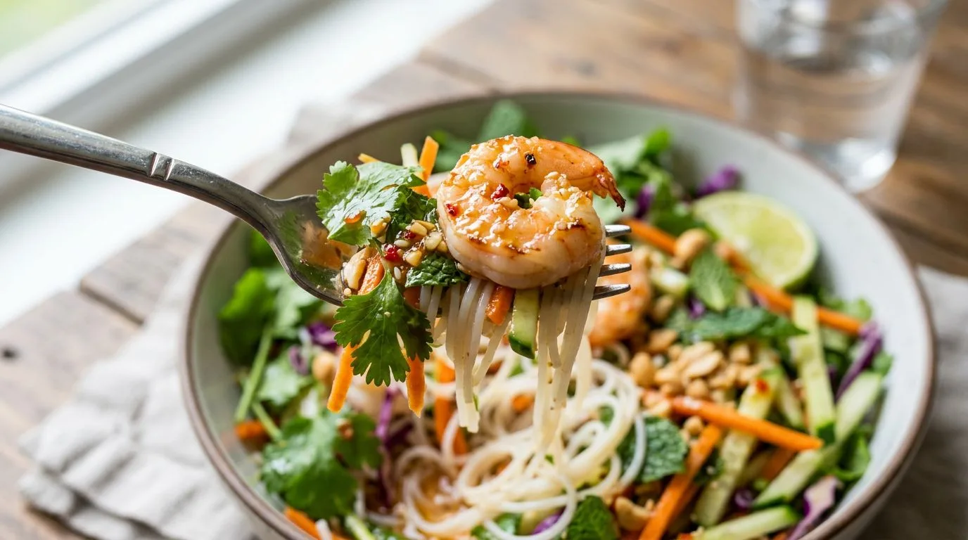 Spring Roll Salad with Spicy Ginger Dressing served and ready to eat