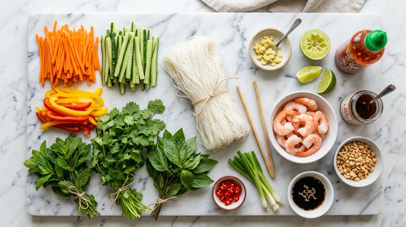 All Spring Roll Salad with Spicy Ginger Dressing ingredients laid out on white marble surface