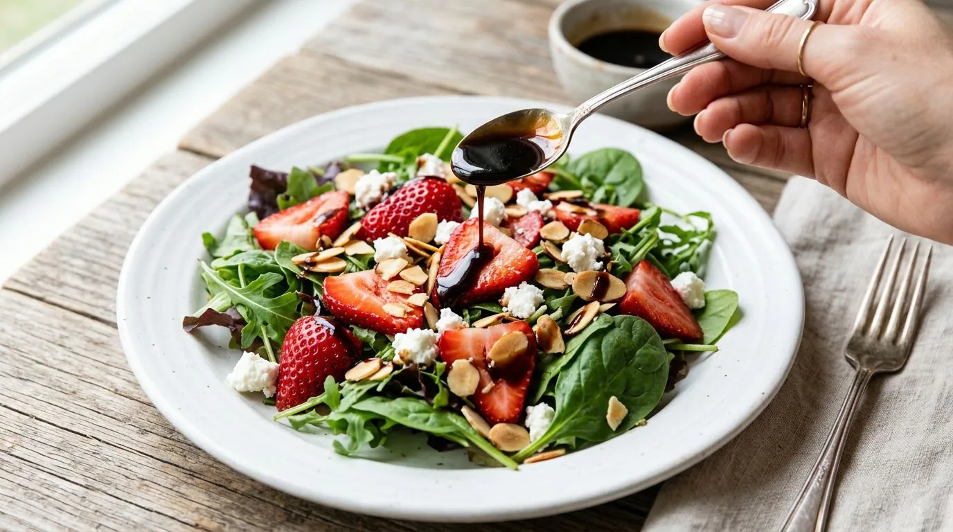 Strawberry Salad with Vinaigrette Dressing served and ready to eat