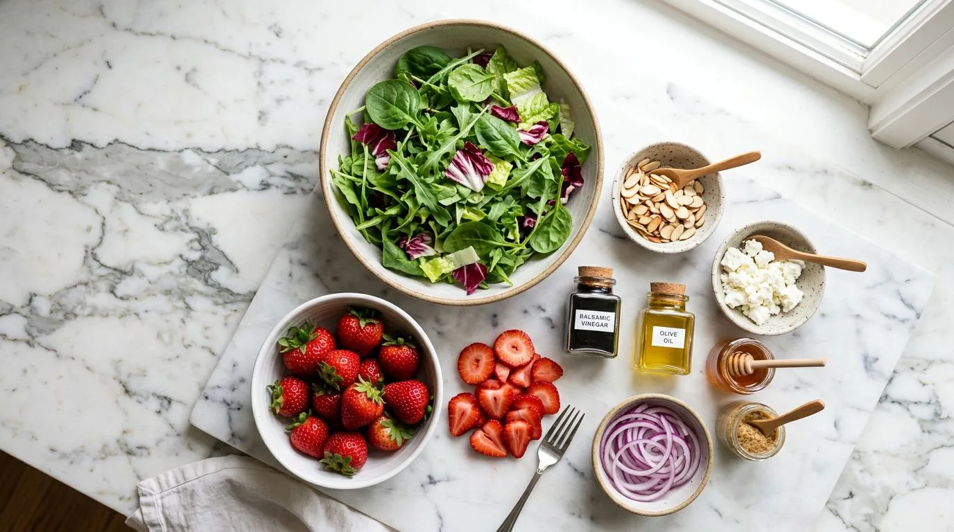 All Strawberry Salad with Vinaigrette Dressing ingredients laid out on white marble surface