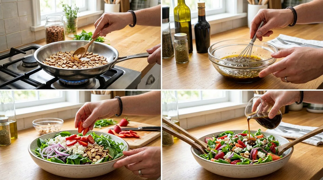 Step by step process of making Strawberry Salad with Vinaigrette Dressing