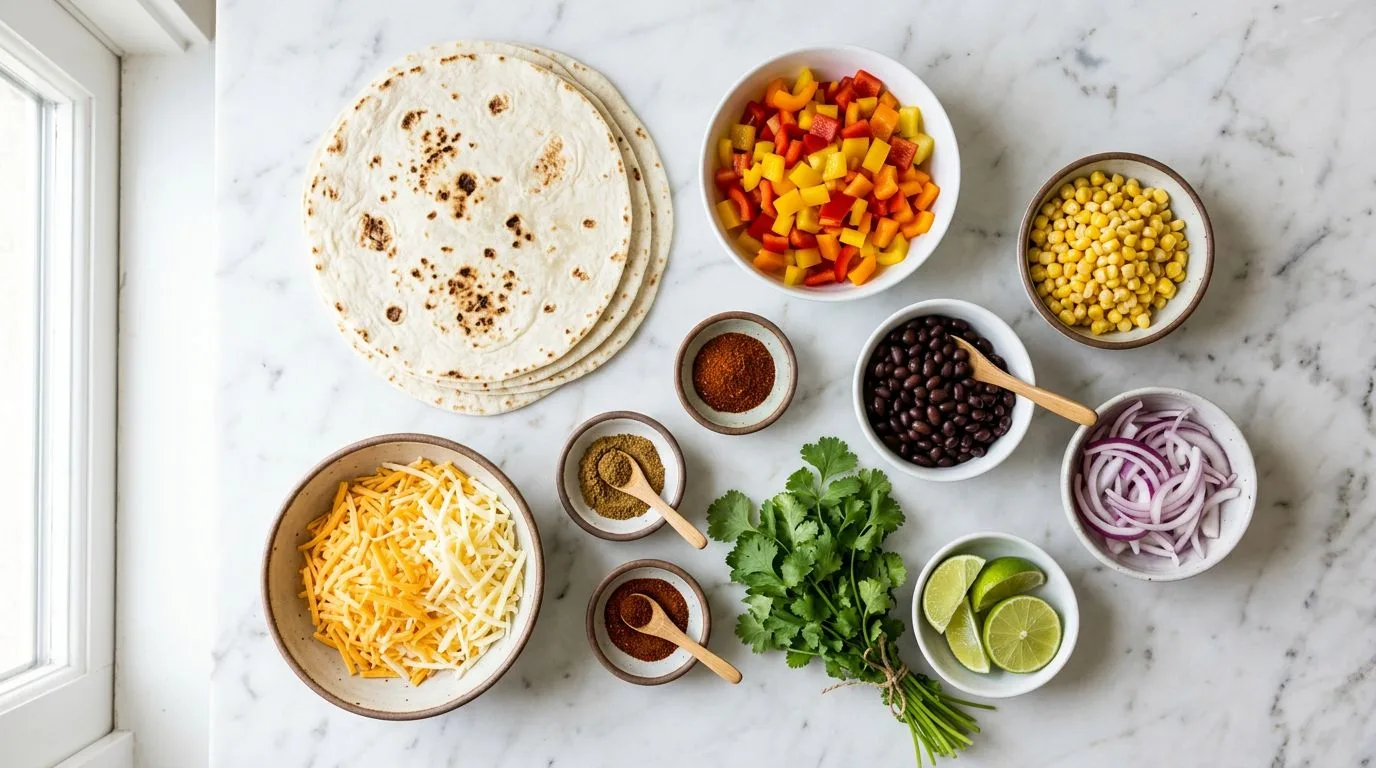 All Veggie Quesadillas ingredients laid out on white marble surface