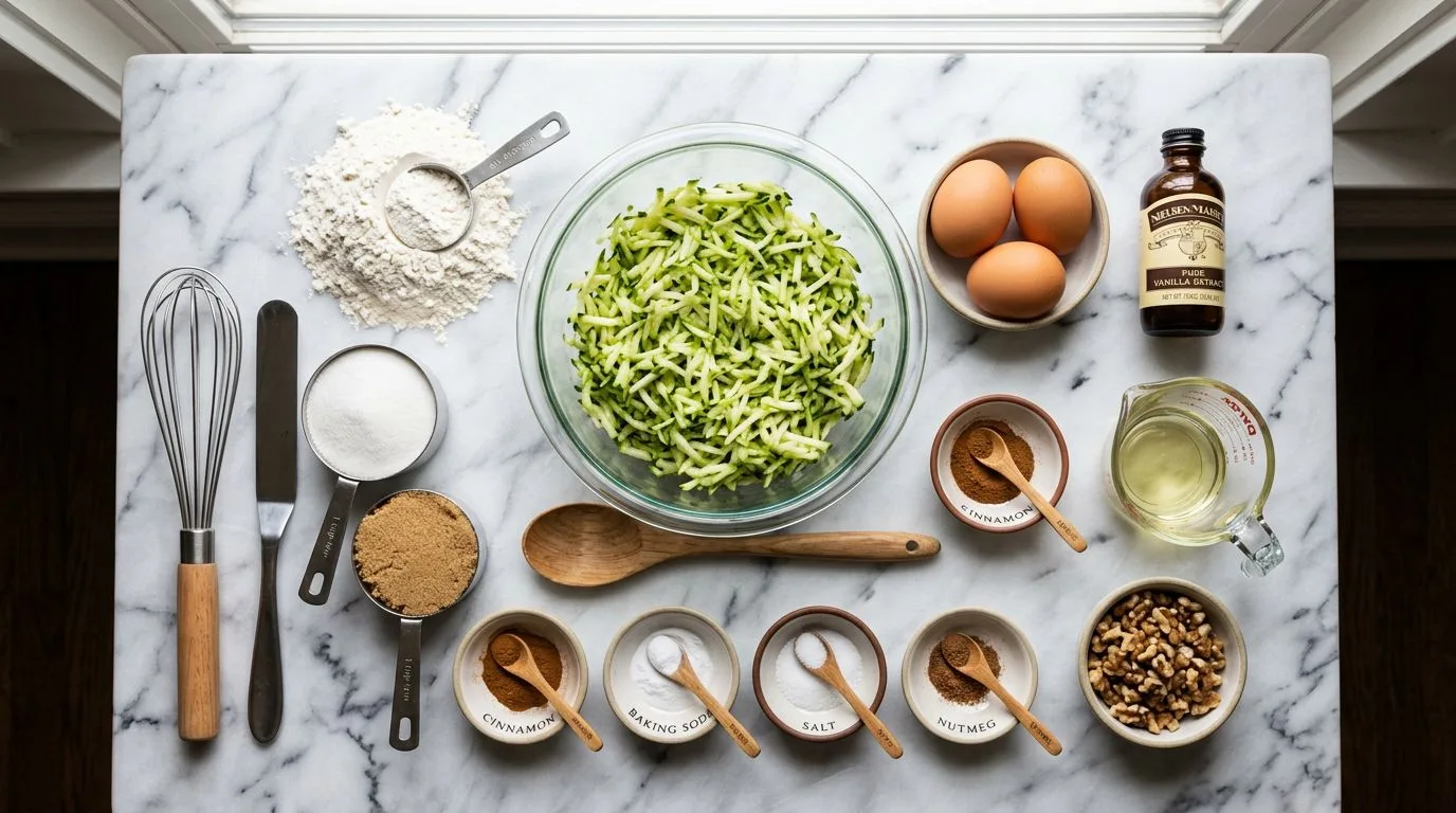 All Zucchini Bread Recipe ingredients laid out on white marble surface